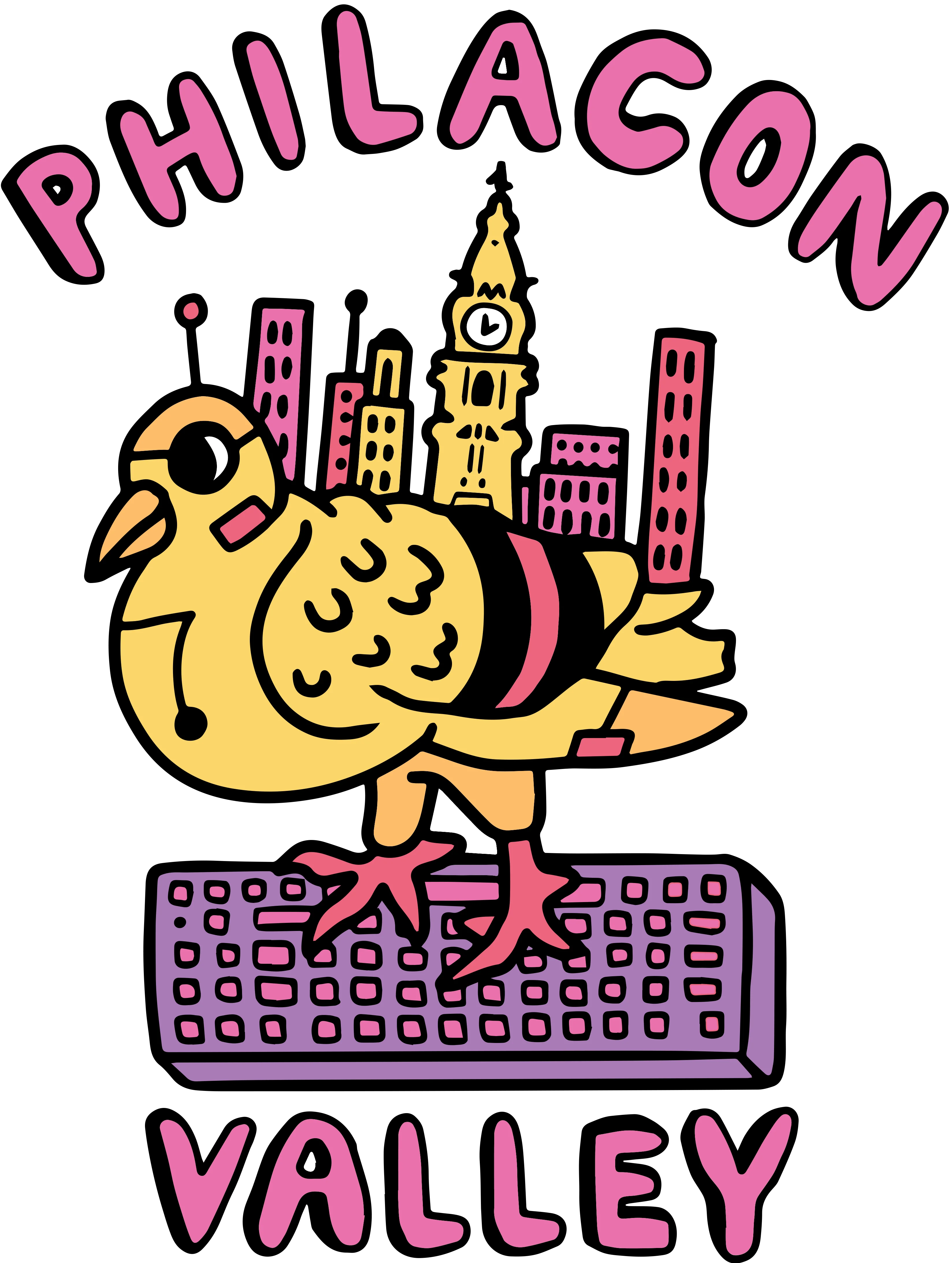 PhilaCon Valley - pigeon mascot with Philly skyline on a keyboard
